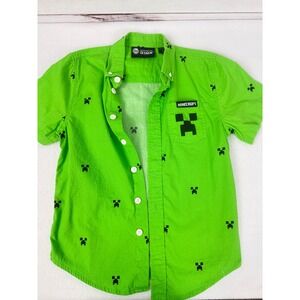 Jinx Kid's Minecraft Green Creeper Button Down Shirt Sz Small Gamer Gear
